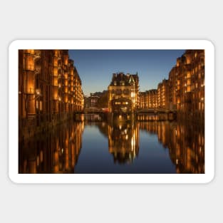 Wasserschlösschen, dusk, Speicherstadt, Hafencity, Hamburg, Germany Sticker